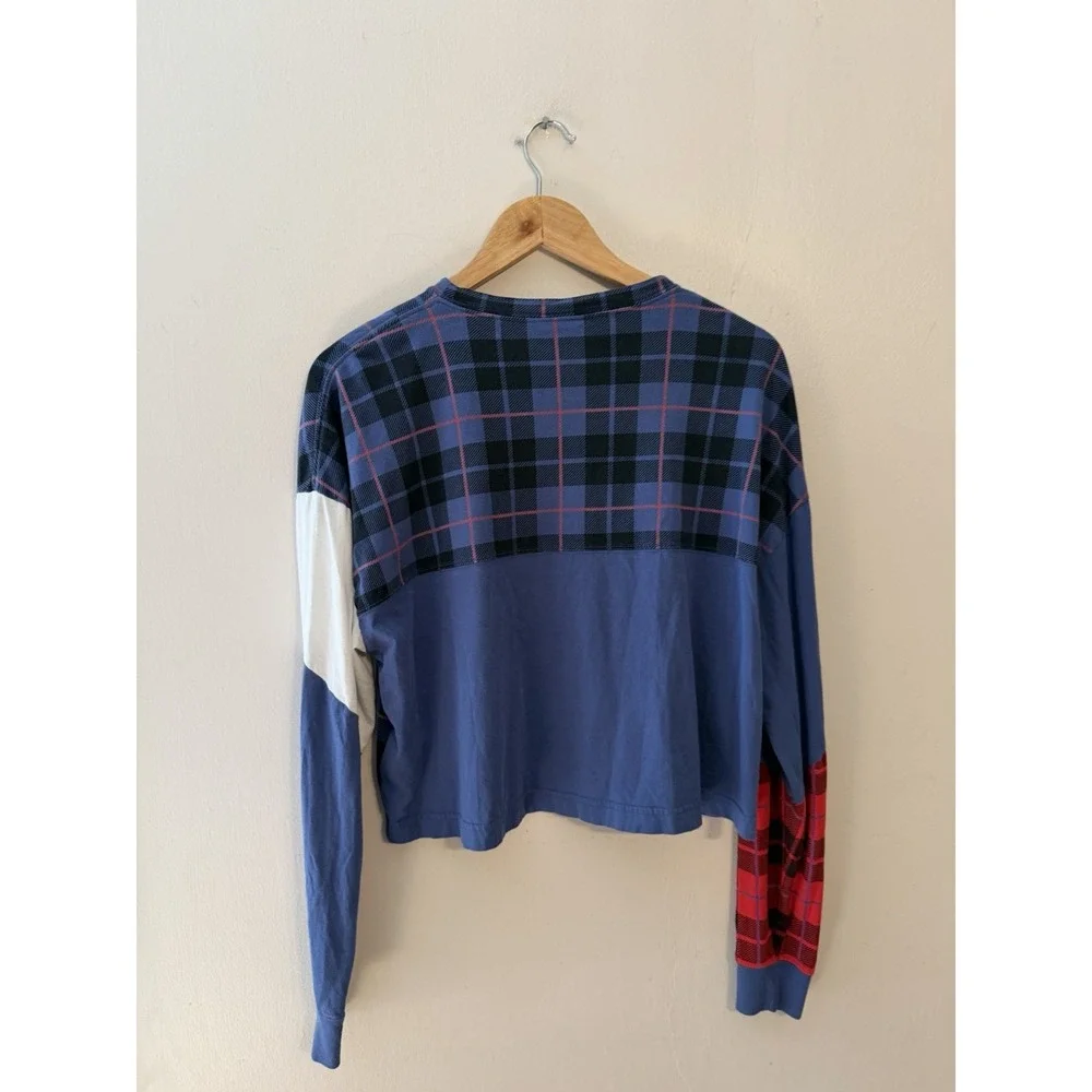 Nike Women's Plaid Colorblock Sportswear Long Sleeve Crew Top Organic Cotton M